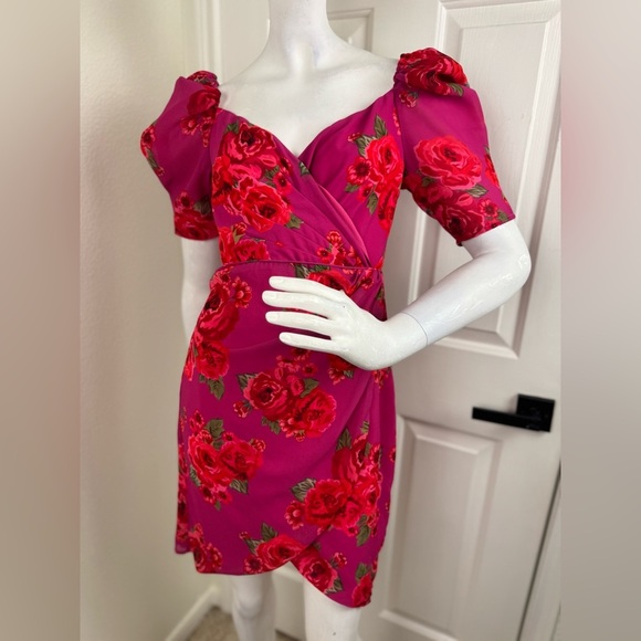 LPA Araceli Floral Puff Sleeve Wrap Mini Dress In Pink Size SMALL. B40 - Picture 2 of 14